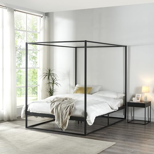 [en.casa] Estructura de Cama con Dosel Kristianstad Marco Alto con 4 Esquinas para Cortinas Mosquitera Luces Somier Techo Ambiente Acogedor máx. 200 kg Metal 140 x 200 cm - Negro