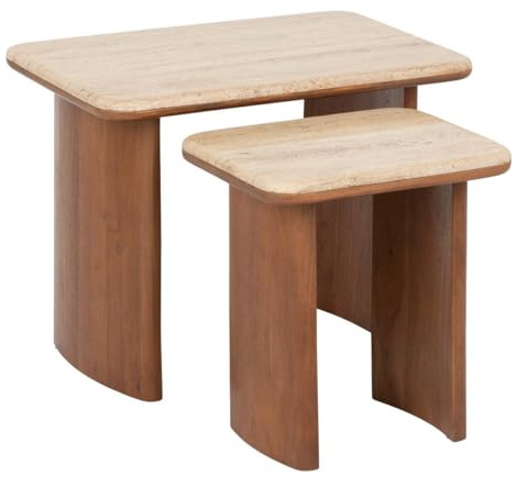 Atmosphera – 2er-Set Jivan Beistelltische, Tischplatte aus Travertin und Akazienholz, 60 cm lang – für Wohnzimmer, Beistelltisch