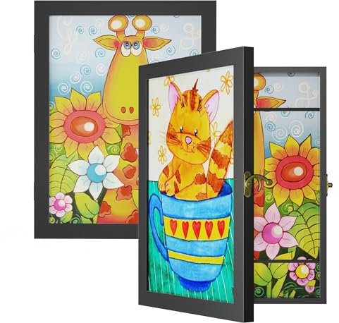 SRIWATANA Bilderrahmen für Kinderzeichnungen A4, 2 Stücke befüllbar Kunstfotorahmen Kinder, aufklappbar Kinderkunstrahmen Geschenke mit Verschluss,für Kunstprojekte, Schule, Zuhause (Schwarz, 2pcs)