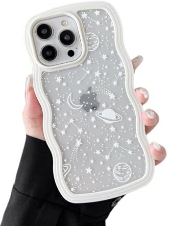 ZTOFERA for iPhone 14 Pro Case 6.1 inch,Cute Curly Wave Frame Shape Case with Star Space Pattern, Clear Slim Shockproof Hard PC Bumper Phone Cover for iPhone 14 Pro, White