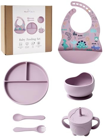 Edrian, set juego vajilla Bebe 6 piezas silicona libre de BPA ideal bebes, no toxico plato antideslizante+bol con ventosa+vaso+cubiertos iniciación+babero ajustable recogedor,para regalo, Color Rosa