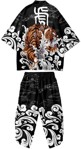 DOSLAVIDA Ensemble de cardigan style kimono japonais pour homme, style chinois, avec veste imprimée et pantalon, haut ouvert à manches 7/8 et short, noir/orange, X-Large