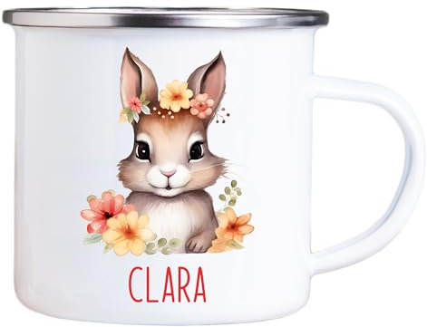 4youDesign Emaille Tasse Kinder personalisiert – Hase Blume – Tier Namenstasse – Geschenk für Jungen & Mädchen – Bruchsicher & Leicht – Geschenkidee zur Einschulung & Geburtstag - 300ml