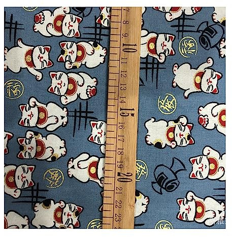 BrightGlow 100x150 cm Japanischer Stil Baumwollstoff Meterware Bunt Gedruckt Nähstoffe mit Blume Fächer Fliegender Kranich Tücher Baumwolltuch Kleiderstoff Quiltstoffe zum Nähen Blau-Katze