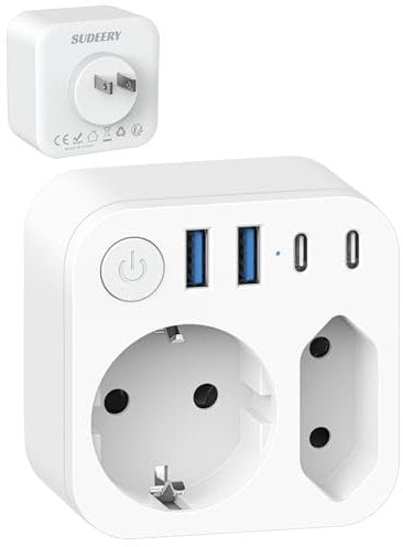 Adattatore Germania dopo il Giappone con 4 USB (2 tipo C), 2 adattatori da viaggio, spina Schuko su tipo A per Stati Uniti, Giappone, Canada, Bianco