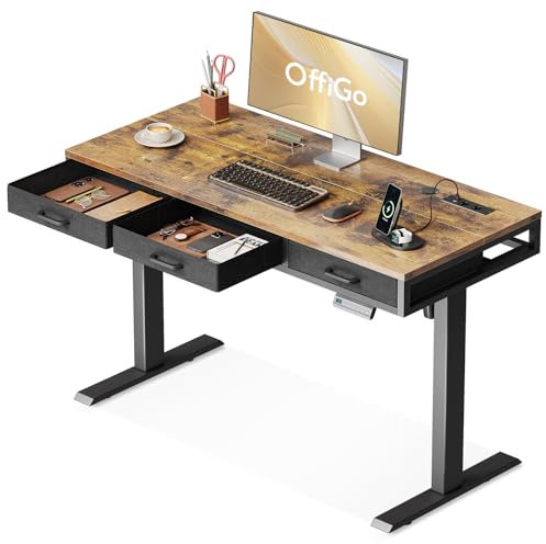 OffiGo Schreibtisch Höhenverstellbarer mit Schubladen, 120cm Höhenverstellbarer Schreibtisch, Braun Elektrischer Tisch für Heimbüro