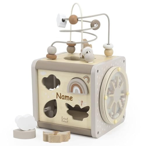 Elefantasie Motorikwürfel aus Holz Aktivitätswürfel für Babys, Motorikschleife personalisierbar mit Namen, ab 18 Monaten (Beige)