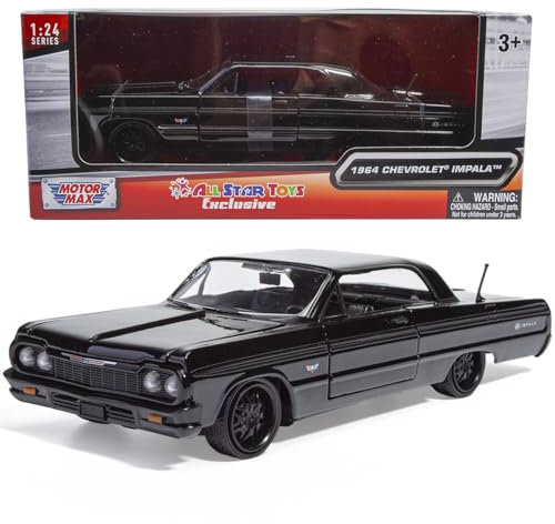 All Star Toys 1964 Impala Black with Custom Deep Dish Wheels 1/24 Diecast Model Blacked Out Lowrider Motormax Exclusive 73259