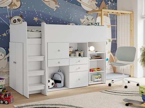 MKS MEBLE Hochbett Kinderbett 90x200 mit Schreibtisch Kleiderschrank Treppe Bücherregal Funktionsbett Etagenbett Stockbett Kinderhochbett Jugendhochbett - Castello Primo - Junge