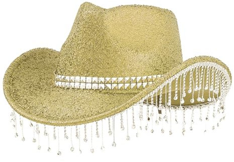 Cowboyhut für Herren und Damen, Retro-Stil, schwarz, mit Ösen, Hüten und bedrucktem Schal, Glitzer-Hut, Musik-Festival, Cosplay-Hut, gold, Einheitsgröße