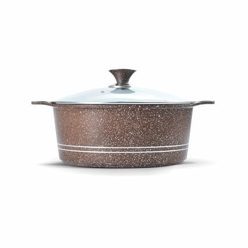 SK Cookware Non-Stick Die-Cast Aluminium Stockpot Casserole Induction Bottom Black with Glass Lid Cool Handles Cooking Pot Stew Pot Saucepan Steamer for Stovetops Electric Hob