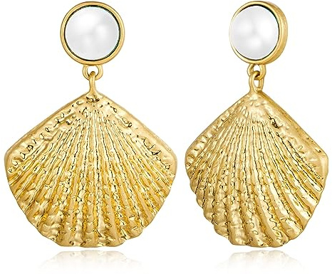 LILIE&WHITE Boucles D’Oreilles Femme Or Coquille Saint-Jacques – Clou Perle, Hypoallergénique, Bijou Statement Fait Main Résistant Ternissement Cadeau