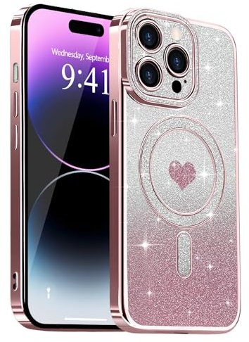 Lafunda Magnetic for iPhone 14 Pro Max Case Glitter, Plating Luxury Sparkle Cute Love Heart Clear Cover for Women Girls TPU Anti-Scratch Camera Protection Shockproof Case for iPhone 14 Pro Max, Pink