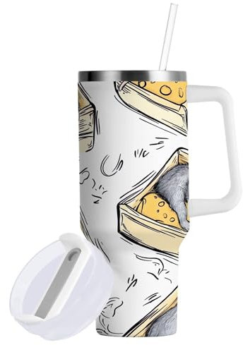 Sevdomey 30 ozSimpatico bicchiere grigio a forma di topolino con manico e coperchio con cannuccia, per tè o caffè freddo, in acciaio inox, isolato, a prova di perdite, tazza da caffè da viaggio