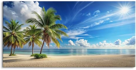 Paul Sinus 120x60cm Wandbild, Paradiestraum unter Palmen mit Meeresblick, Sonnenstrahlen