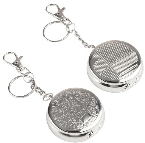 Pack de 2 Cendriers de Poche Anti Odeur, Cendrier Portatif avec Porte Clés pour Mégots, Cendrier Portable Métallique Réutilisable avec Couvercle, Design Moderne Argenté