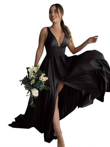 BABYONLINE D.R.E.S.S. Robe Mariage invitée Femme Longue, Maxi Col V Dos Nu sans Manches pour Bal Soirée Noir 38