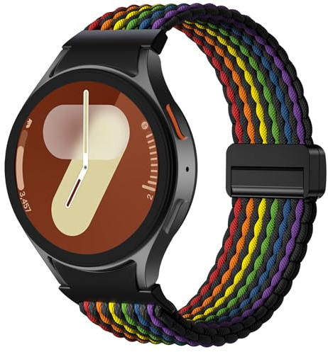 Upeak Nylon Armband Kompatibel mit Samsung Galaxy Watch 7 6 4 5 40mm 44mm | Ein Klick Geflochtenes Magnetisch Band für Samsung Watch 6 Classic 47mm 43mm, 5 Pro 45mm, 4 Classic 42mm 46mm, FE, Regenbogen