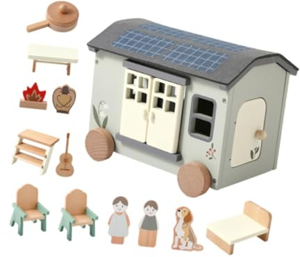 predolo Pretend RV Camp Holzspielzeug Set mit Möbeln Camp Zubehör Und Puppen für Kreatives Rollenspiel Und Fördert Fantasie für Kinderzimmer Familienzeit