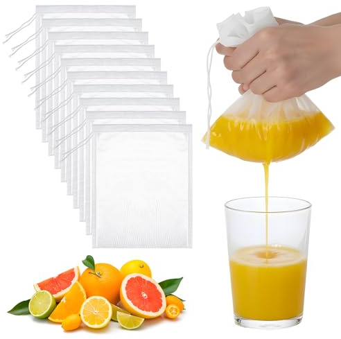 XLIUAX 10 Pack Nut Milk Bag, Reusable Nylon Straining Juicing Bag, 7.87 x 5.91 Inch White 200 Fine Mesh Drawstring Bags for Straining Wine Strainer Fruit Juice Coffee Tea Yogurt Cheese Coffee Almond