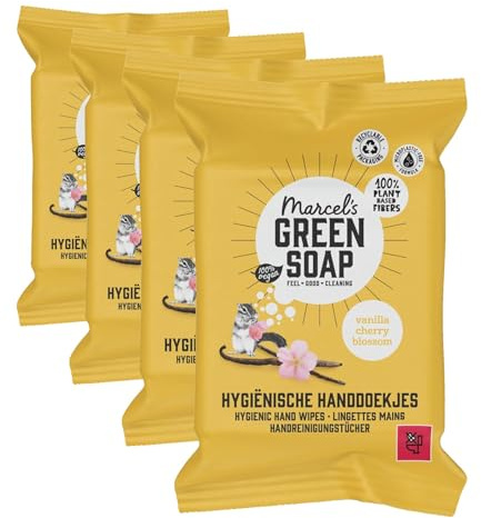 Marcel's Green Soap Hygienic Wet Wipes for Hands - Vanilla & Cherry Blossom - Plant Based (Pack of 4)