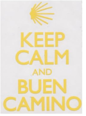 Jakobsweg Aufkleber Keep Calm and Buen Camino – Gelber Sticker mit Jakobsmuschel – Wetterfest für Auto, Fahrrad & Outdoor – 9 x 6 cm