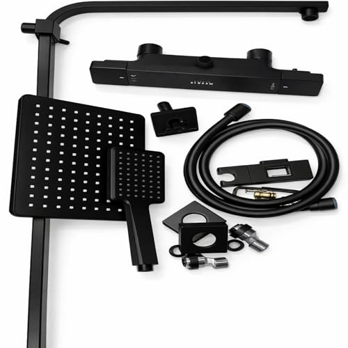 Système de douche thermostatique carré noir avec rail extensible, pomme de pluie, pommeau et robinet à barre