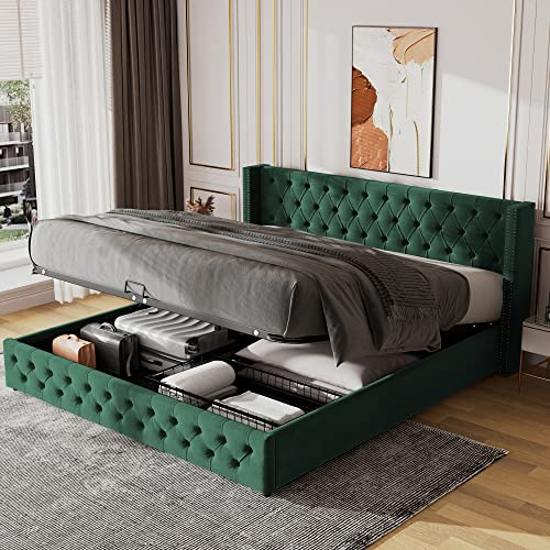 QQU 4FT6 Double Bed Frame with Underbed Storage, Velvet Upholsterd Bed, Double Ottoman Bed, Modern Gas Lift, All-over Button Design, Bedroom Furniture, Easy Assembly, No Mattress, 135x190cm, Green