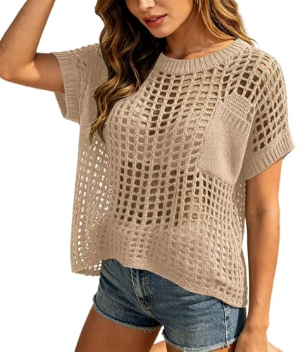 Celanisai Pull en crochet pour femme - Été - Motif perforé - Chemisier pour femme - Col rond - En crochet - Épaules dénudées - Haut en maille Lechit - Pull en maille filet - Style bohème streetwear