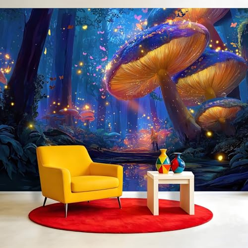 Fantasy Woodland Wall Murals 250x175cm (WxH) Enchanted Forest Mushroom Firefly Mural Interior Decor Wallpaper, Large Photo Wallpaper for Living Room Bedroom Kitchen Bathroom and Kids - Custom Size