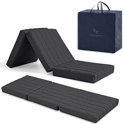 ErossConfort Matratze, Camping, Reisen, Wohnwagen, faltbar, 90 x 195 cm, HD-Schaumkern + 2 cm, viskoelastisch, für Campingmatratze, atmungsaktiv, Höhe 12 cm, Schwarz. Mit Tasche und Kissen.