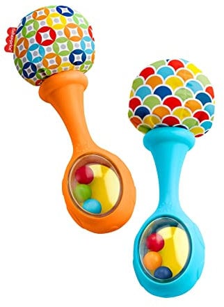 Fisher-Price Newborn Toys Rattle 'n Rock Maracas, Set of 2 Soft Musical Instruments for Babies 3+ Months, Blue Orang