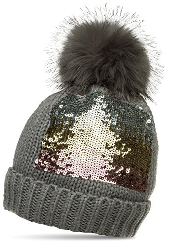 Caspar MU169 Damen Strick Winter Mütze mit Pailletten Dekor und großem Kunstfellbommel