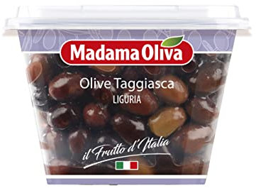 MADAMA OLIVA, Olive Taggiasche, Gusto Fruttato e Aromatico, Ideali da Accompagnare nei Piatti di Carne e Pesce, Senza Conservanti Aggiunti, 100% Made in Italy, 250 gr