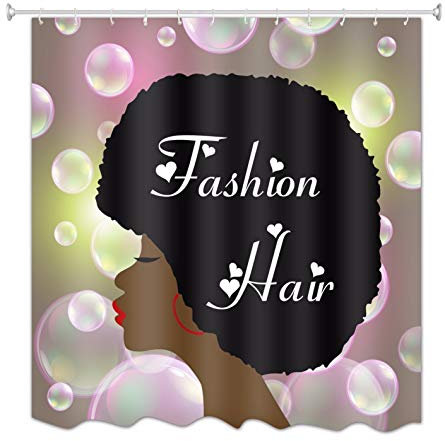 A.Monamour Rideaux de Douche Afro-Américaine Fille Lady Afro Mode Cheveux Noirs Sexy Lèvres Rouges Rose Bulles Milieux Art Polyester Tissu Afro Rideau De Douche 180x200 cm