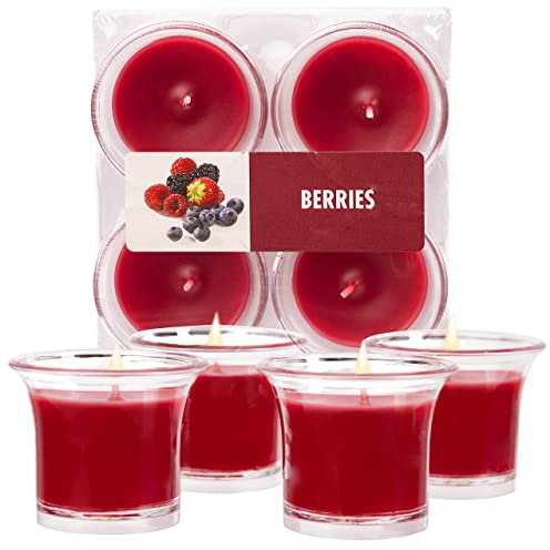 Hyoola Velas Votivas con Perfume - Velas Aromáticas en Vaso Transparente - Velas Perfumadas con Frutas del Bosque - Burdeos - 12 Horas de Combustión - Pack de 4 - Hechas en Europa