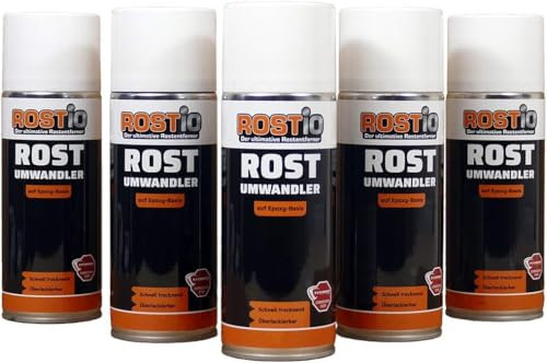 Rostio Rostumwandler Spray 5x 400 ml – Rostkonverter & Korrosionsschutz – farblos – überlackierbar nach ca. 120 Min – Epoxidharz-Basis – temperaturbeständig bis 180 °C