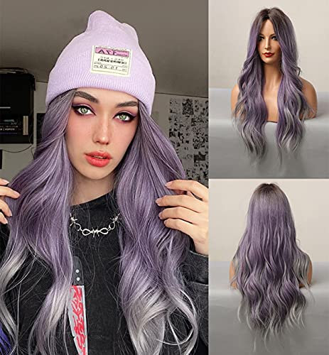 LEMEIZ Synthetic Hair Black Purple Wigs, Black Ombre Purple to Grey Wigs for Women, Long Hair Wavy Wig, Cosplay Wig, Halloween Wig, Glueless Wig with Middle Part LEMEIZ-104
