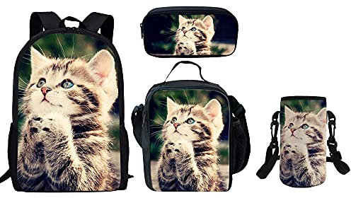 Belidome Cute Cat Kiss School Backpack Set Pencil Box Soft Lunch Bag Bottle Holder Cover, 4 Pack