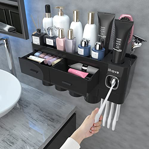 iHave Zahnbürstenhalter Wand,Badezimmer Zahnbürstenhalter mit Zahnpastaspender, 4 Becher Toothbrush Holder mit Schublade, großer Kapazität Zahnbürsten Organizer Badezimmer Schwarz