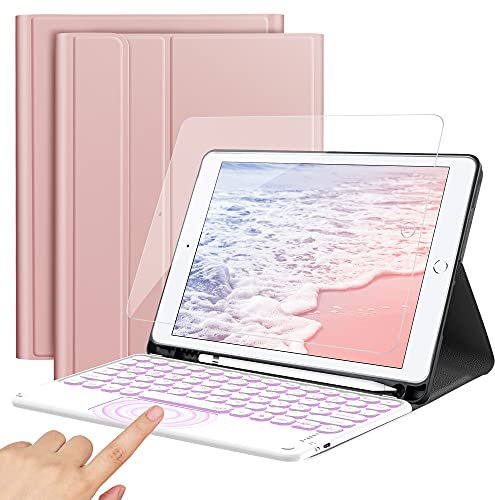 JANOLTY Custodia con Tastiera per iPad 10.2, Italiana Bluetooth Tastiera per iPad 9./8./7. Generazione(iPad 2021/2020/2019), iPad Air 3, iPad Pro 10.5 2017 Tastiera, Oro rosa