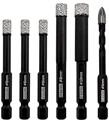 DT-DIATOOL Diamond Drill Bits 6pcs/set Tile Hole Saw for Dry Drilling Porcelain Ceramic Granite Marble Masonry Stone(6/6/6/6/8/10mm, 6-Pack)