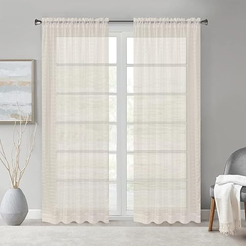 Megachest a pair of sheer IVY checkered pattern voile curtain with tie backs (Mink,W 56 x L 90 (2 Panels))