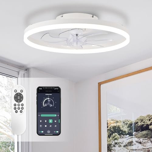 STERREN Ventilatori da soffitto con luci, ventilatore da soffitto a basso profilo da 50,8 cm con telecomando, moderno ventilatore da soffitto a incasso, luce bianca per camera da letto, soggiorno