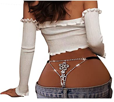 Eyraevor Women Sexy Crystal G-String Thong Rhinestone T Back Belly Waist Chain Underpants Mini Underwear Body Jewerly