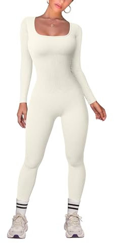 TOB Frauen Yoga Jumpsuits Workout Gerippte Langarm Quadratischer Ausschnitt Sport Jumpsuits, Beige, Small