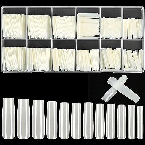 KOXXIAMOQ 240 Pcs Clear Coffin Ballerina Fake Nails,Soft Gel Full Cover Nail Tips for Extensions, No C Curve Nail Tips, Frosted Long Acrylic False Nails Traceless (natural)