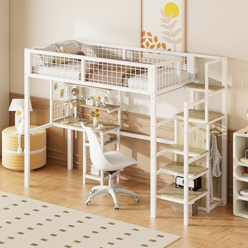 Merax Lit mezzanine, 90 x 200 cm, avec échelle de sécurité, cadre en fer, armoire et bureau d'ordinateur, lit avec espace de rangement, pour garçon et fille, blanc (sans matelas)