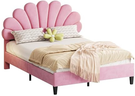 Merax Lit rembourré en tissu velours 140 x 200 cm, cadre de lit avec sommier à lattes et tête de lit, pour chambre à coucher, chambre d'amis, jeunes et adultes, rose (sans matelas)