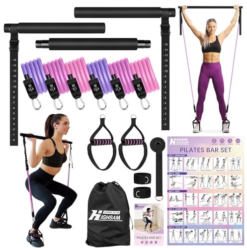 Pilates Bar Set, 6X Fitnessbänder Set Widerstandsbänder mit Stange, Griffe, Türanker, Fußschlaufen, Resistance Bands & Tragbarer Handtasche für Indoor Home Gym und Outdoor